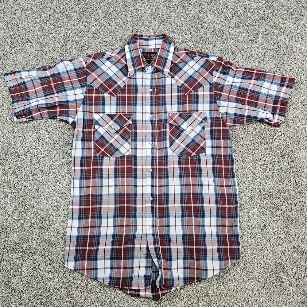 Plains Western Wear Shirt Mens Medium Wine Plaid Pearl Snap Tartan Cowboy Rodeo